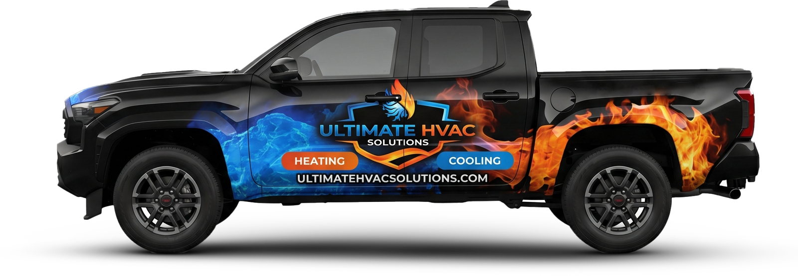 Black pickup truck with flame wrap and Ultimate HVAC Solutions branding